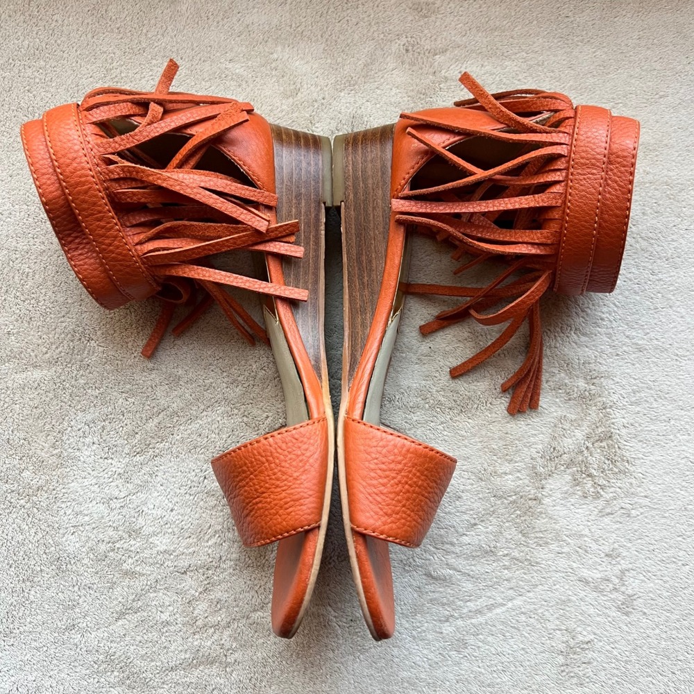 Michael Kors Women 5.5 M Orange Leather Fringe Ankle Wrap Wedge Sandals Boho - Picture 6 of 16